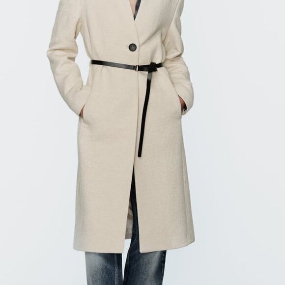 ZARA WOOL BLEND COAT WITH LEATHER BELT - Picture 4 of 10